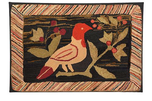 Folk Art Hooked Rug of Perched Bird