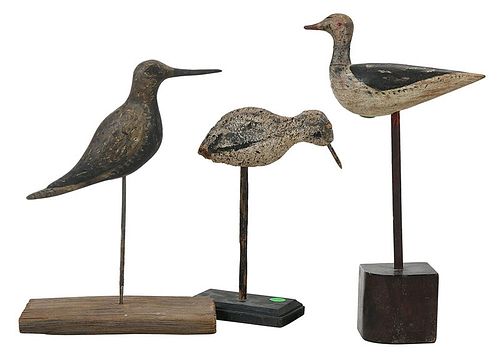 Three Carved and Painted Shore Birds, One Signed
