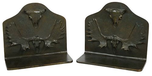 Pair of Bronze Bookends with Skull Motif