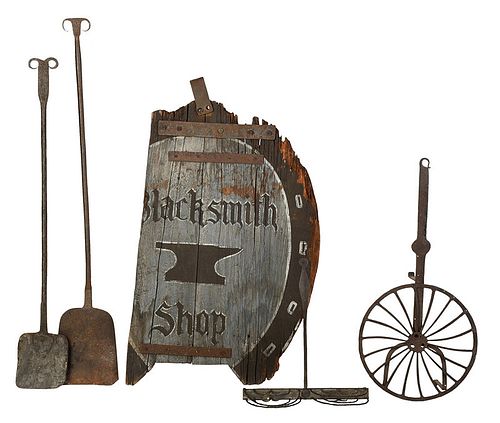 Partial Blacksmith Sign and Four Iron Tools