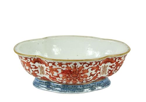 Chinese Porcelain Iron Red Lotus Flower & Bat Bowl