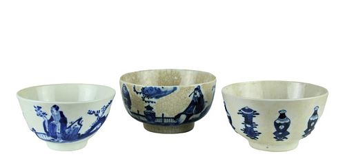 (3) Chinese Blue & White Porcelain Canton Bowls