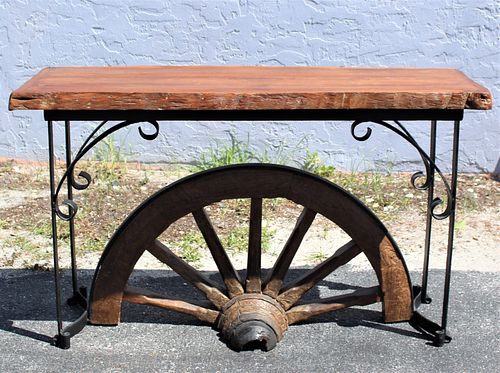 Wood and Iron Wagon Wheel Consol Table