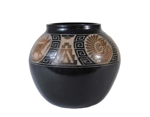 Native American Blackware & Tan Pottery Jar