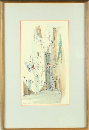 1950's Street Scene, Signed Watercolor