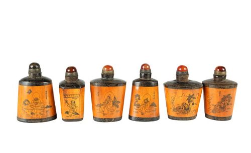 (6) Chinese Wood & Bone Etched Snuff Bottles