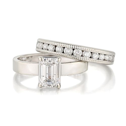 1.00-Carat Emerald-Cut Diamond Ring and Band Set