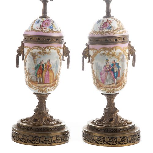 Pair French Porcelain Censer Lamps