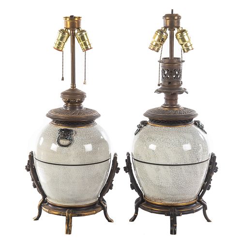 Pair Chinese Grey Crackle Glazed Vase Lamps