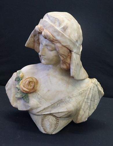 Large Marble Bust Of A Beauty With A Rose.