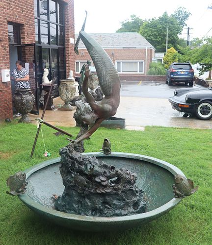 Large Signed Bronze Dolphin Form Fountain With