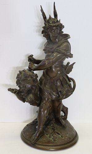 Antique Bronze Sculpture Of Warrior And Lion