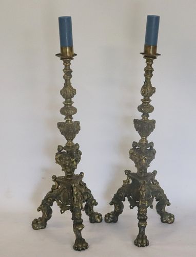 Pair Of Vintage Ornate Bronze Candle Stands.