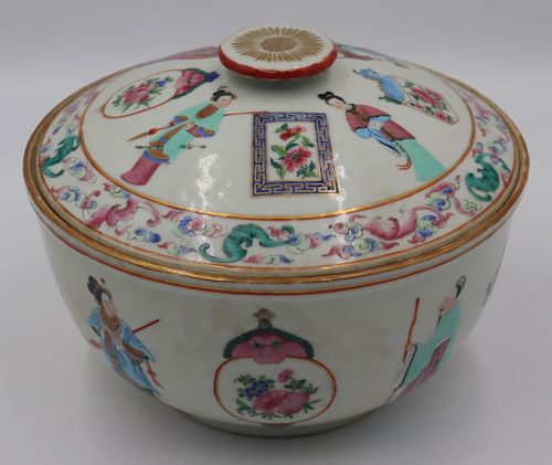 19th C Famille Rose Covered Bowl with Figures.