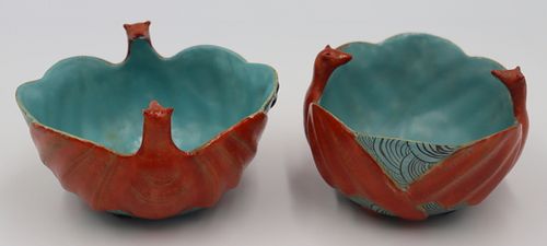 Pair of 19th C Famille Rose Bat Form Bowls.