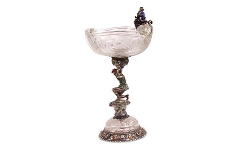 Large Viennese Enamel and Rock Crystal Tazza