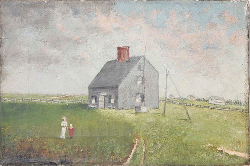 Naive Oil on Canvas "Jethro Coffin House, Sunset Hill, Nantucket"