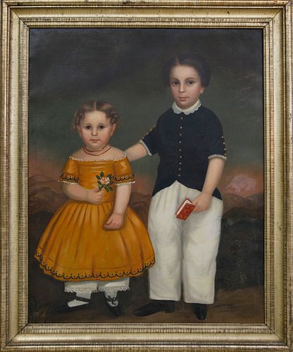 American School Oil on Canvas "Portrait of Brother and Sister in a Landscape"