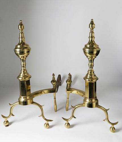 Pair of Federal Brass Ball Top Andirons Attributed to Richard Whittingham, New York, circa 1810