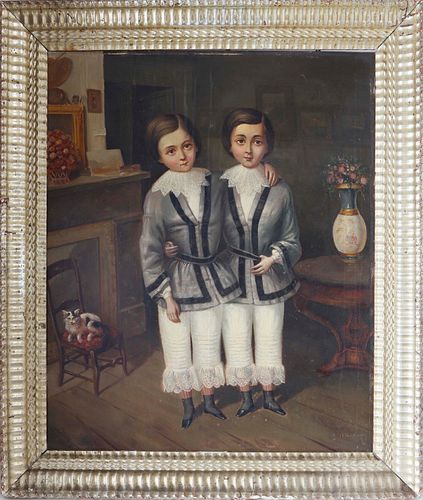 Oil on Panel "Naive Portrait of Twins with Their Cat in an Interior", circa 1856