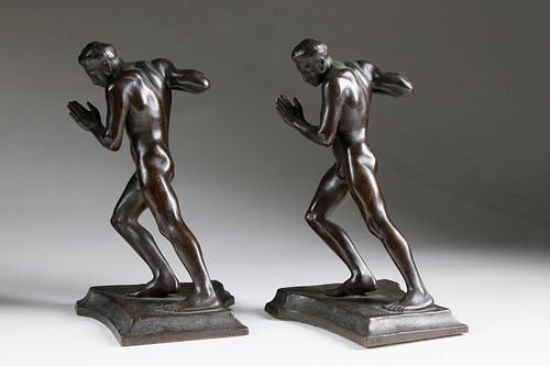Pair of Harriet Whitney Frishmuth Patina Bronze Nude Male Figural Bookends, circa 1912