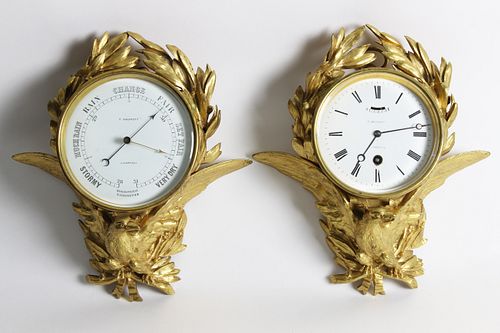 Rare Pair of Thomas Bassnett Gilt Bronze Clock and Holosteric Barometer, mid 19th Century
