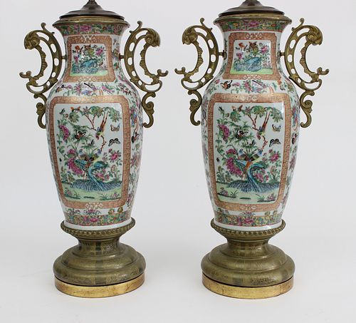 Pair of Ormolu Mounted  Chinese Export Famille Rose Overglazed Enamel Vases, circa 1840