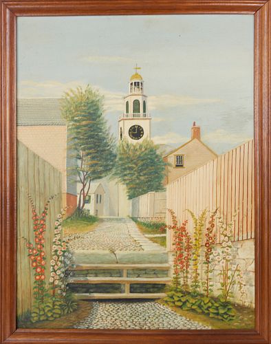 Lincoln J. Ceely Oil on Masonite "Hollyhock Along Stone Alley"