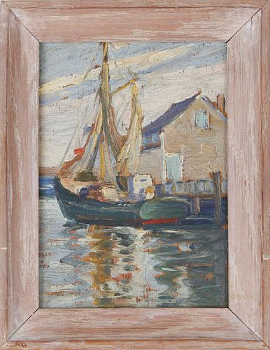 Anne Ramsdell Congdon Oil on Board "Green Hull Fishing Boat at Island Service Wharf"