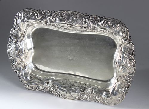Whiting Sterling Silver Repoussé Deep Tray in the Hibiscus Pattern, circa 1920
