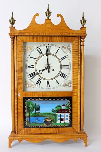 Tiger Maple Eglomise Mantel Clock by Martin F. Reynolds, circa 1985