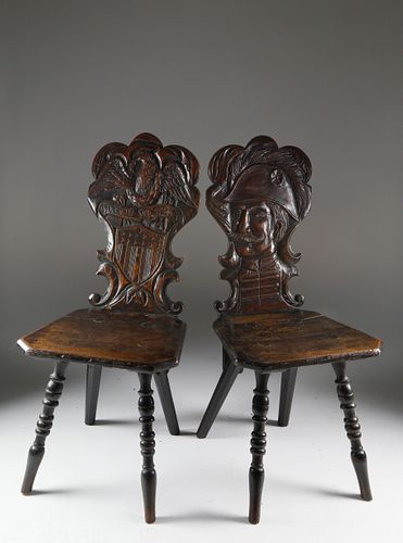 Pair of Continental Carved Oak Tavern Chairs Made for the American Market, circa 1880