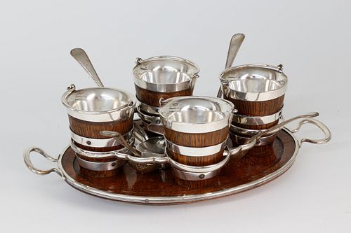 English Silver Plated and Oak Egg Caddy and Matching Tray, 19th Century