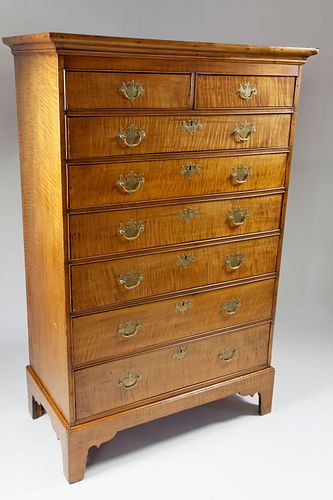Rhode Island Tiger Maple Tall Chest of Drawers on Frame, 18th Century