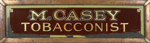 Reverse Painted Glass Folk Art Trade Sign, "M. Casey Tobacconist", circa 1900
