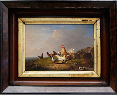 Franz Van Severdonck Oil on Wood Panel Chickens and Ducks Feeding"