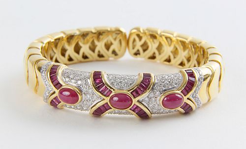 18k Yellow Gold, Ruby and Diamond Cuff Bracelet
