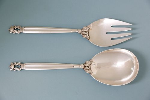 Pair of Georg Jensen Denmark Sterling Silver Salad Serving Fork and Spoon