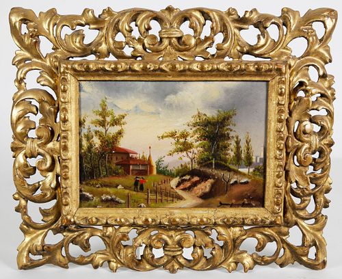 Continental Oil on Panel "Countryside with Two Figures", 19th Century