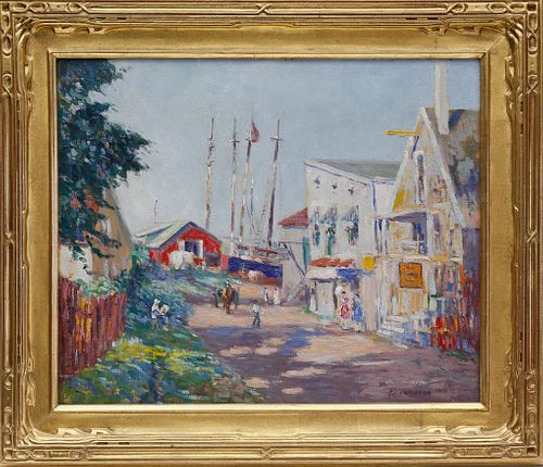 Homer Gordon Davisson Oil on Artist Board "Harbor Street Scene"