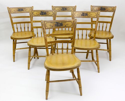 Set of Six Pennsylvania Decorated Plank Seat Chairs, circa 1840