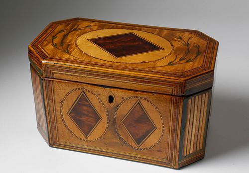 English Multi-Wood Inlaid Tea Caddy, early 19th Century