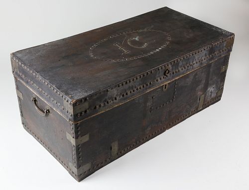 Chinese Export Leather Covered Brass Bound Camphor Wood Trunk, 19th Century