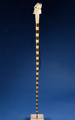 Whaler Made Whale Ivory and Tropical Wood Barber’s Pole Walking Stick, circa 1840