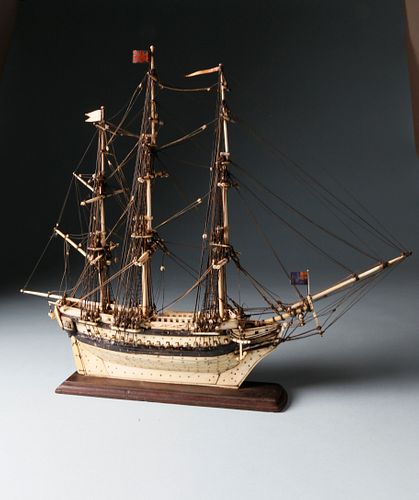 Prisoner of War Diminutive Bone Ship Model of a Man-o-War, circa 1800