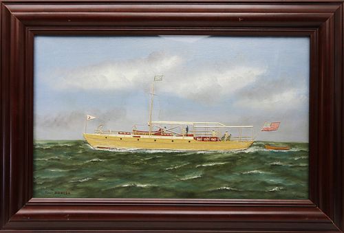 Thomas Willis Oil and Silk Embroidery on Painted Canvas "Portrait of the Yacht Sumida"