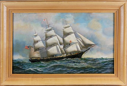 Antonio Jacobsen Oil on Artist Board "Portrait of an American 3-Masted Clipper Ship"