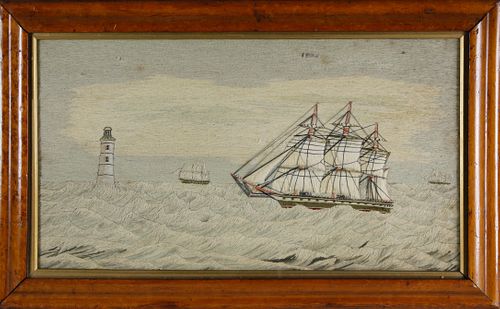 British Woolwork of Three Ships Approaching Lighthouse, circa 1880