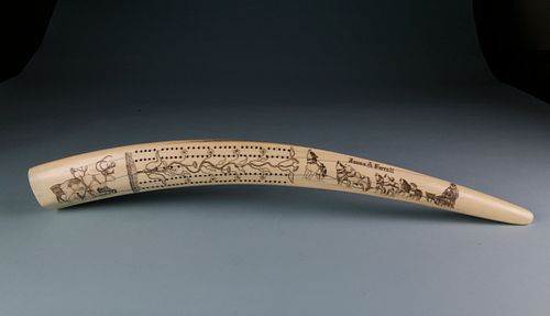 Fine Eskimo "James A. Farrell" Scrimshawed Walrus Ivory Tusk Cribbage Board, circa 1890-1900