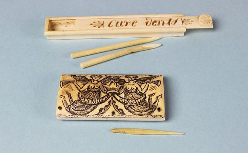 Two Scrimshaw and Carved Ivory Toothpick Boxes, circa 1860